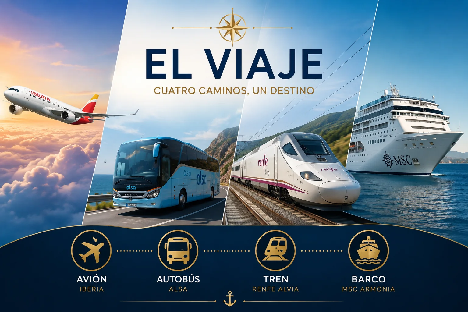 Portada de Travel con avión, autobús, tren y barco
